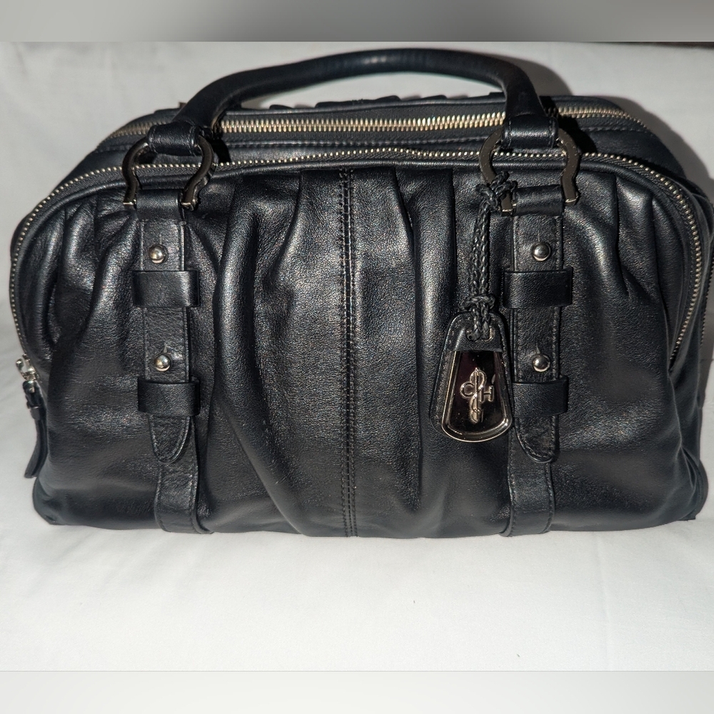 Cole Haan Cornelia Triple Zip Black Leather Bowler Bag with Metal Accents
